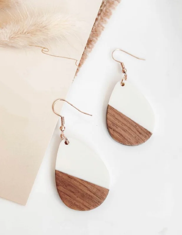 gemstone drop earrings for women -Beautiful Wood and White Resin Teardrop Earrings