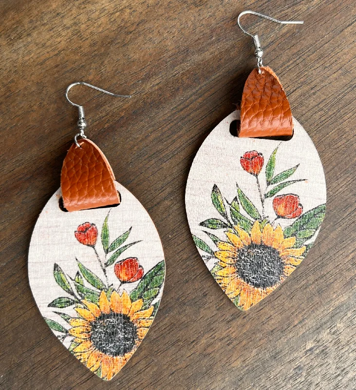 stylish engagement rings for women -Wooden Sunflower Earrings