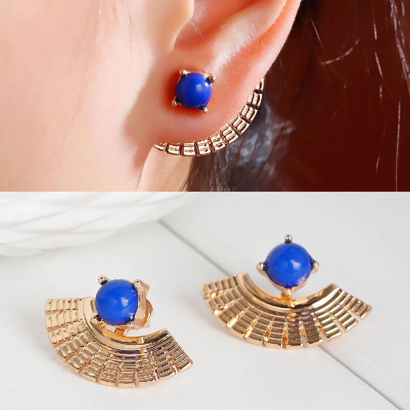 gemstone earrings for women -Sexy Sparkles Ear Jacket Stud Earrings 1 Pair Square Fan-shaped Gold Plated Back Ear Cuffs Stud Earring