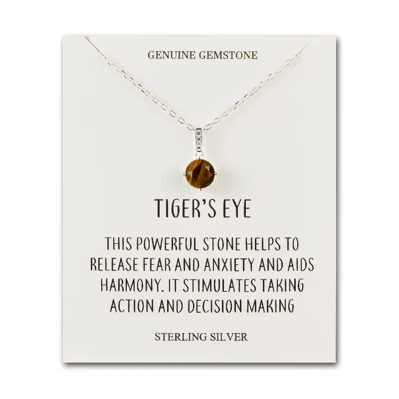 zodiac necklaces for women -Sterling Silver Tigers Eye Gemstone Necklace with Quote Card