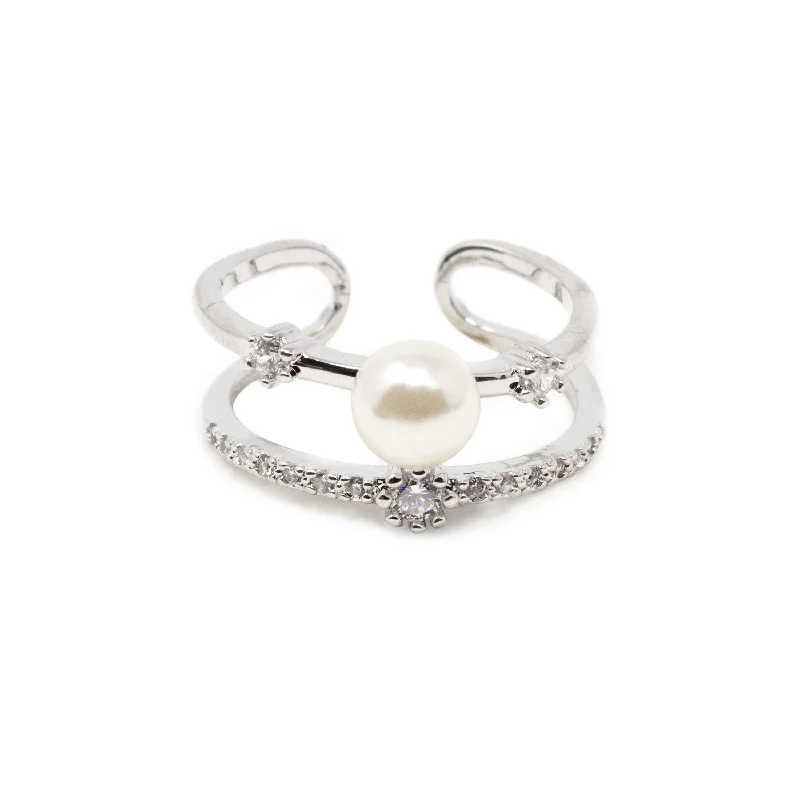 Pearl W Pave Band Ring Rhodium Pl