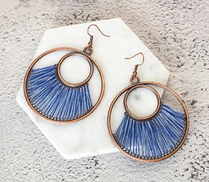 crystal drop earrings for women -Beautiful Blue Stringed Copper Earrings