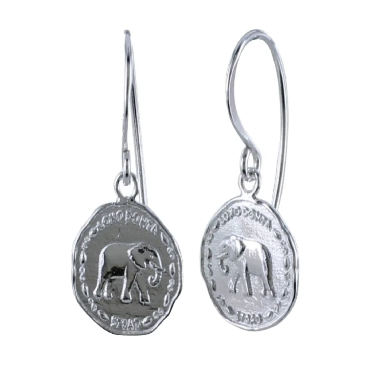 fashion wedding rings for women -Elephant Coin Sterling Silver Drop Earrings