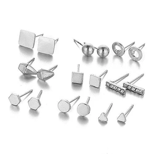 luxury platinum rings for women -Sexy Sparkles 9 Pairs Small Silver Tone Stud Earrings Ear Posts Womens Girls Assorted