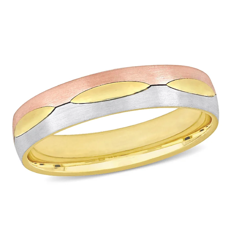 trendy engagement rings for modern brides -Miadora 5 mm Mens Marquise Design Satin Finish Wedding Band in 3-Tone 14k Gold