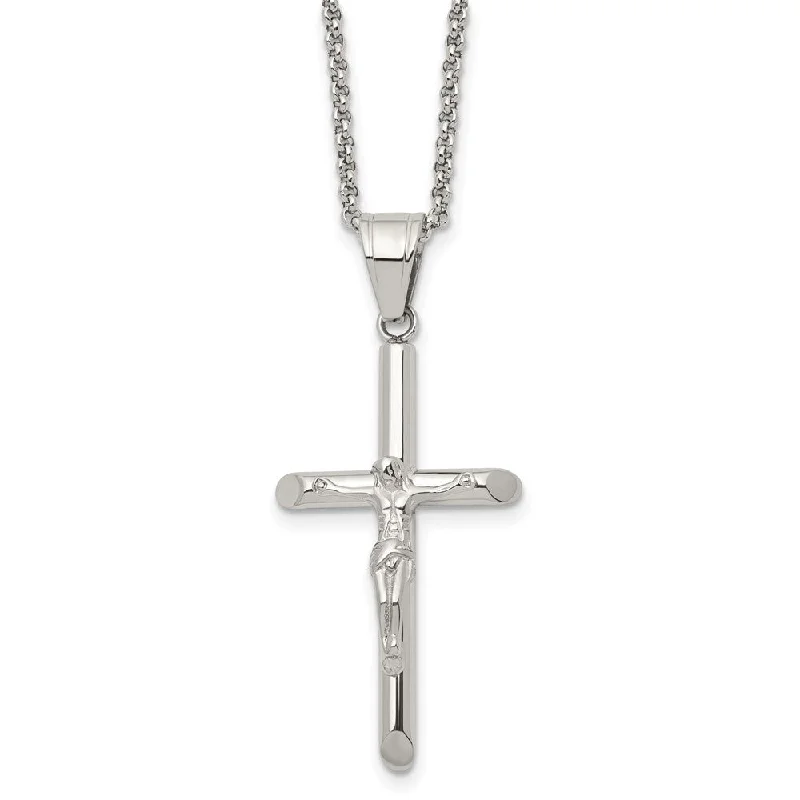 vintage pendant necklaces for women -Stainless Steel Polished Crucifix Cross Necklace, 22 Inch