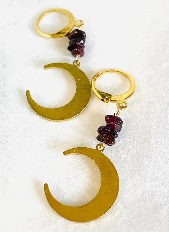 vintage gold rings for women -Moon Earrings/Brass Gemstone Moon Earrings/Golden Moon Earrings