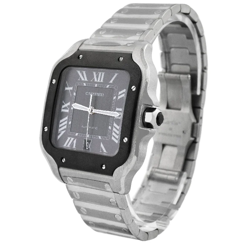 Cartier Santos Stainless Steel 39.8mm Black Roman Dial Watch Reference# WSSA0037