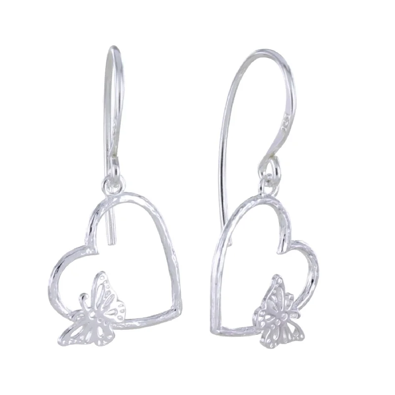 pearl drop earrings for women -Butterfly in Heart Sterling Silver Drop Earrings