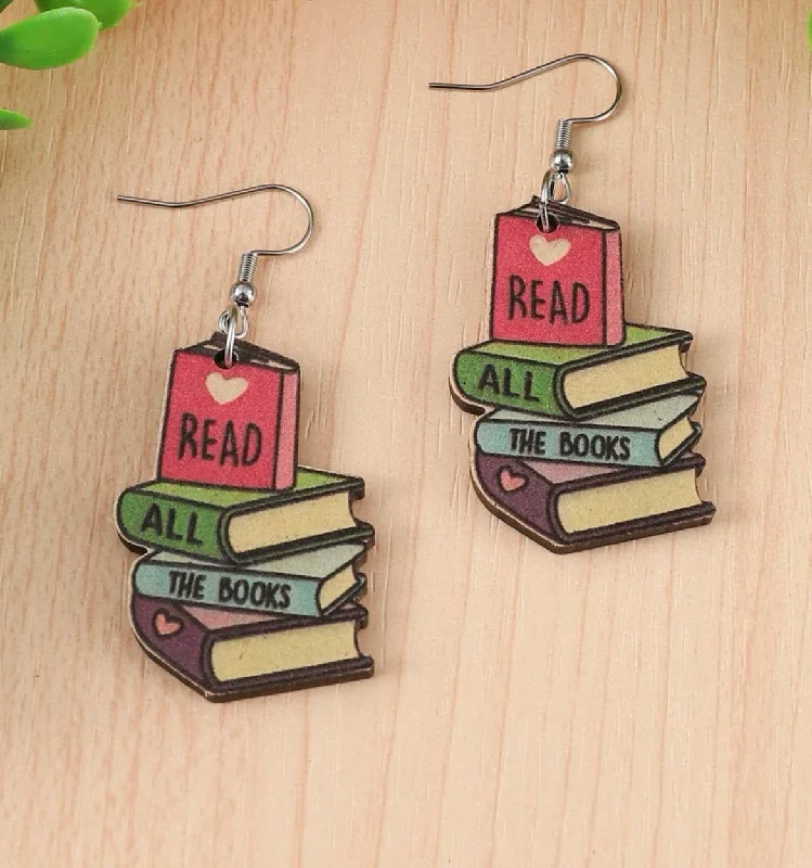 twist rings for women -Wooden "Read All The Books" Drop Earrings