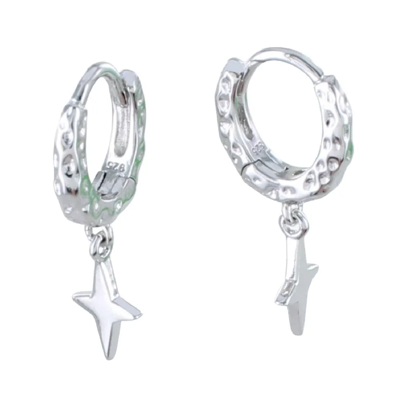 diamond engagement rings for women -Textured Hoop and Star Sterling Silver Earrings