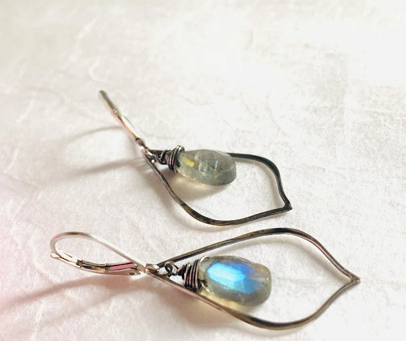 minimalist earrings for women -Labradorite Hoop Gemstone And Silver Wrapped Earrings, Chalcedony Gemstone