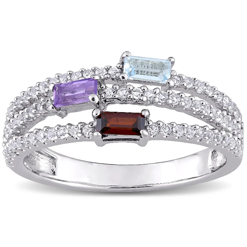 Miadora Sterling Silver Blue Topaz, Amethyst, Garnet & White Topaz Triple-Row Anniversary Band Ring