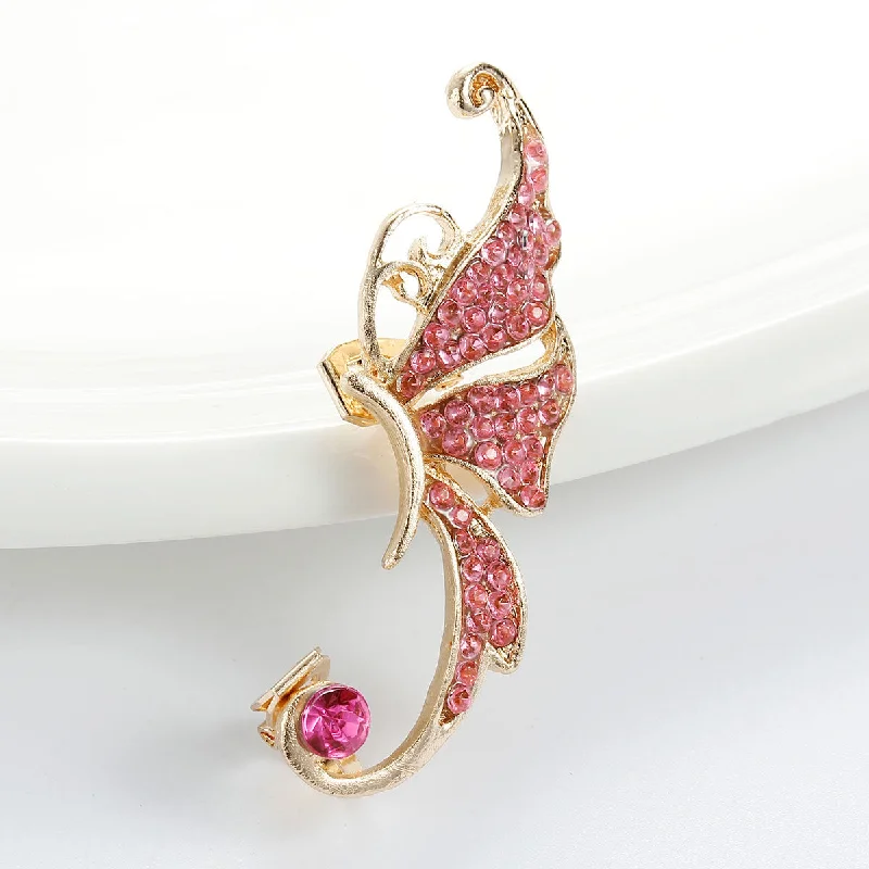 vintage engagement rings for women -SEXY SPARKLES Ear Cuff Clip On Stud Wrap Earrings For Left Ear Butterfly Gold Plated W/Fuchsia Rhinestone