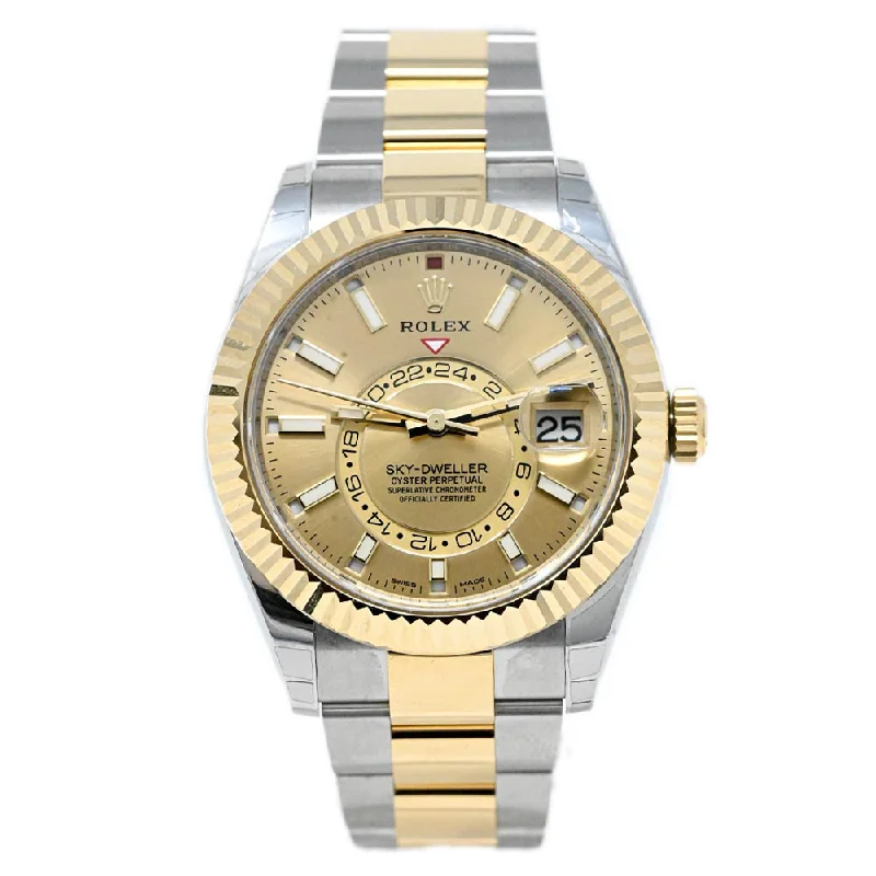 Rolex Sky-Dweller Two-Tone Stainless Steel & Yellow Gold 42mm Champagne Stick Dial Watch Reference# 326933