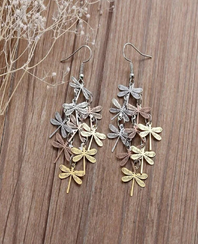 gold stackable rings for women -Beautiful Dragonfly Tassel Earrings