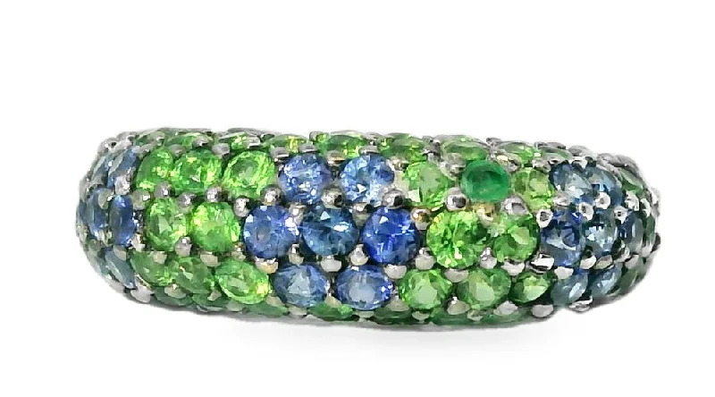 Gorgeous 18K White Gold Sapphire Tsavorite Green Garnet Cigar Flower Band Ring