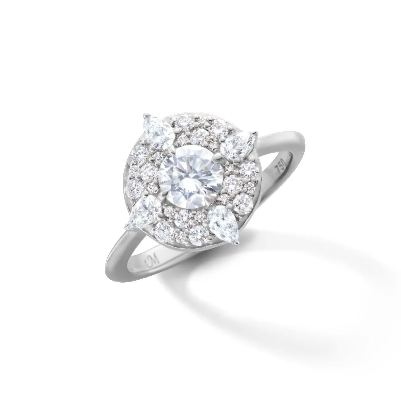 wedding engagement rings for brides -"Points North" Diamond 18K White Gold Ring with Round and Pear Shaped Diamonds