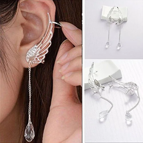 chunky rings for women -Sexy Sparkles Angel Wing Ear Cuff Clip On Stud Wrap Earrings Tassel With Clear Rhinestones