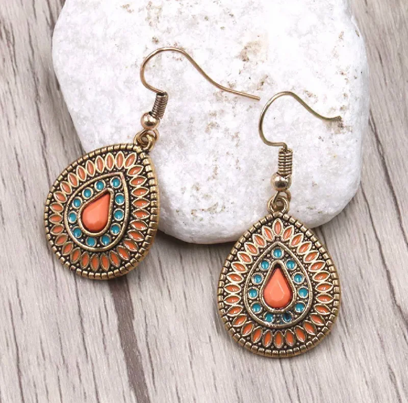 classic wedding rings for women -Orange and Blue Boho Earrings