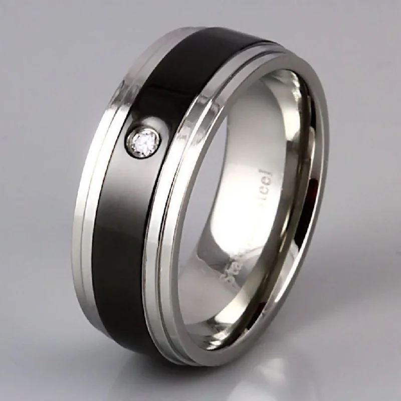 Rio: Mens 2 Tone Black and Silver Stainless Steel Russian CZ Band Ring