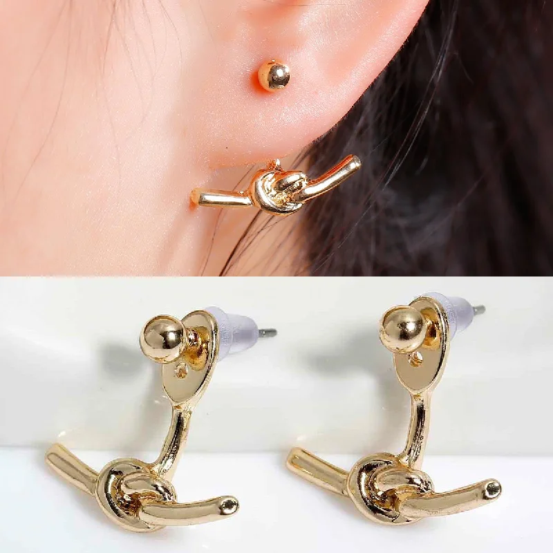 luxury earrings for women -Sexy Sparkles Ear Jacket Stud  Love Knot Gold Earrings Back Ear Cuffs Stud Earring