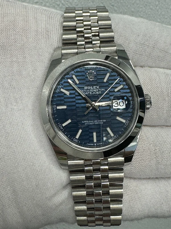 Rolex Datejust 41mm Stainless Steel Blue Motif Stick Dial Watch Reference #: 126300