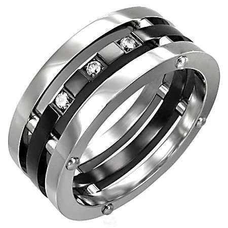 Maverick: Mens Russian Ice CZ Riveted 3 in 1 Stainless Steel Band Ring