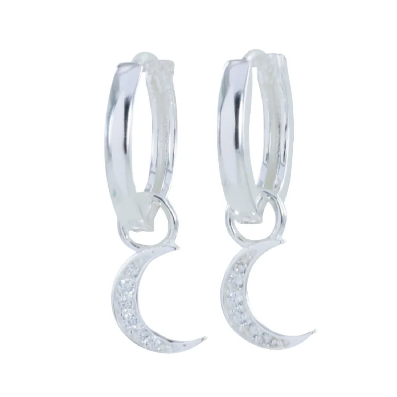 gemstone stud earrings for women -Crescent Moon Sterling Silver Pavé Hoop Earrings