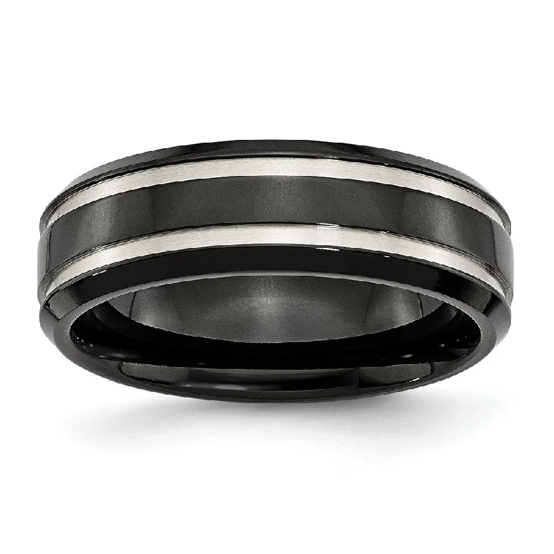 long necklaces for women -Black-Plated Titanium, 7mm Grooved Unisex Comfort Fit Band