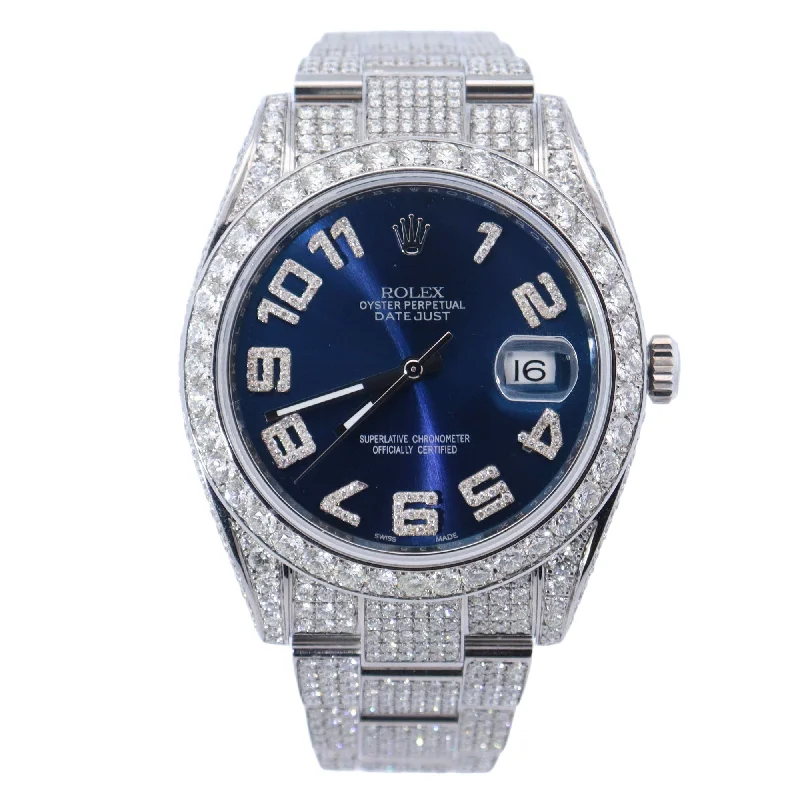 Rolex Datejust Stainless Steel 41mm Custom Iced Out Blue Diamond Arabic Dial Watch Reference# 126300