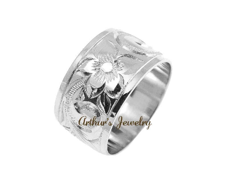 14K WHITE GOLD HAND ENGRAVE HAWAIIAN PLUMERIA SCROLL BAND RING SMOOTH EDGE 12MM