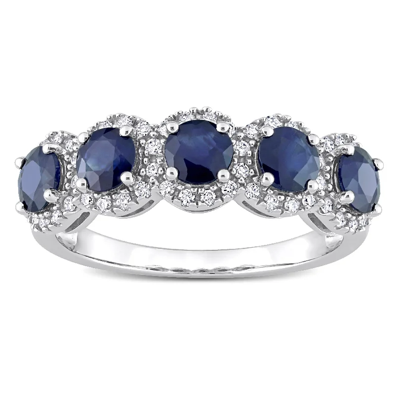 Miadora Blue Sapphire and 1/5ct TDW Diamond 5-Stone Halo Semi-Eternity Band Ring in 14k White Gold