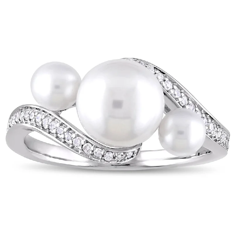 Miadora 10k White Gold Cultured Freshwater Pearl 1/6ct TDW Diamond Bypass Ring (8-9mm)