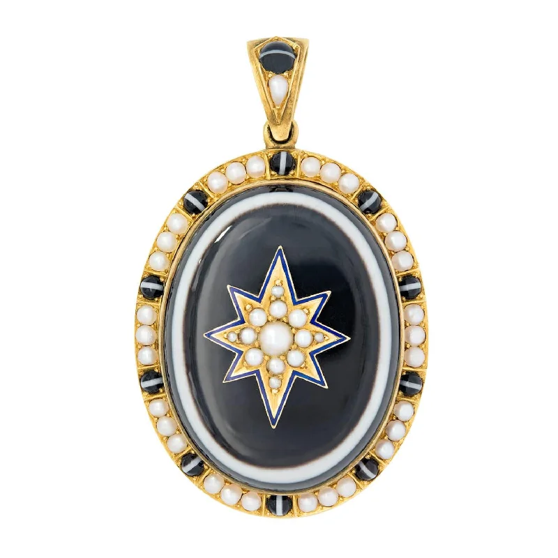 Victorian 14k Banded Agate and Pearl Mourning Locket Pendant