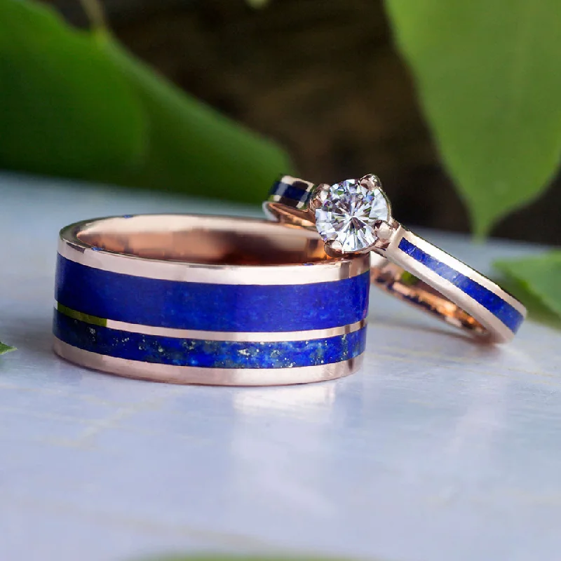 unique engagement rings for women -Lapis Lazuli Wedding Ring Set, Matching Wedding Band Set, Blue Rings