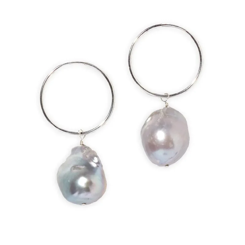 pear-shaped rings for women -Silver Baroque Pearl Hoop Earrings