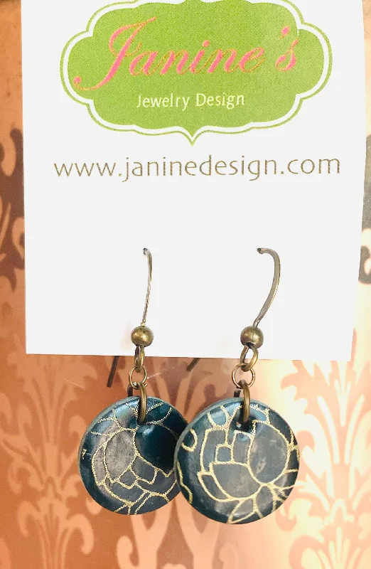 wedding set rings for women -Dark Teal and Gold Circle Earrings, Monstera Leaf Clay Circle Earrings, Quartz Earrings