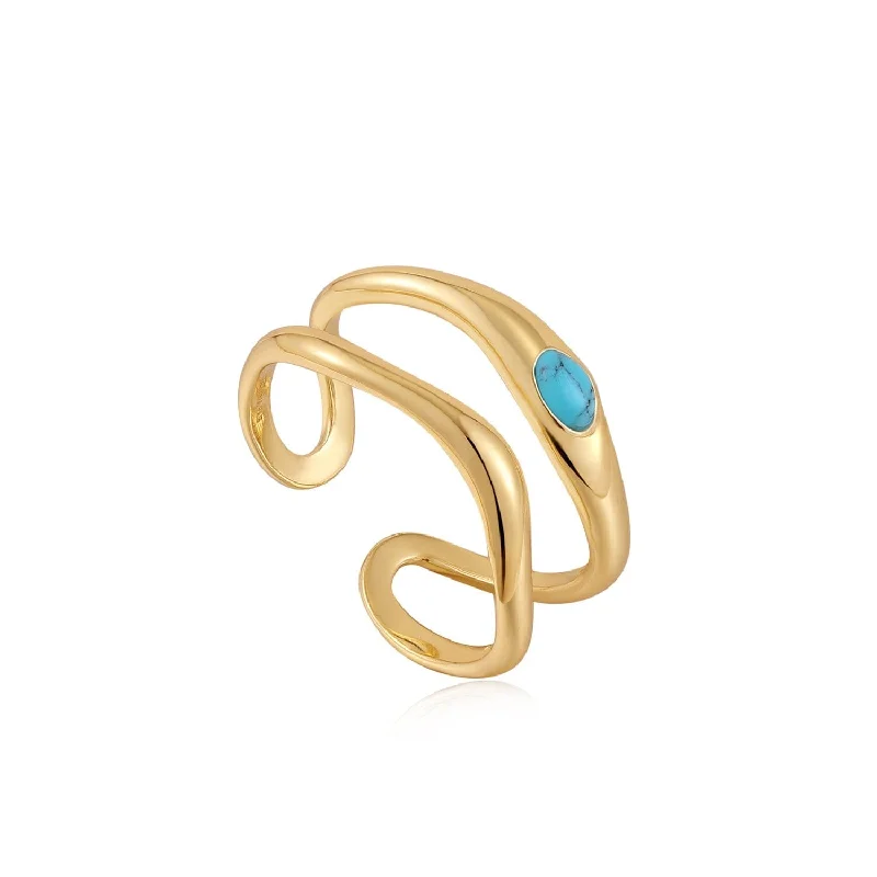 wedding pendant necklaces for women -Ania Haie Gold Turquoise Wave Double Band Adjustable Ring