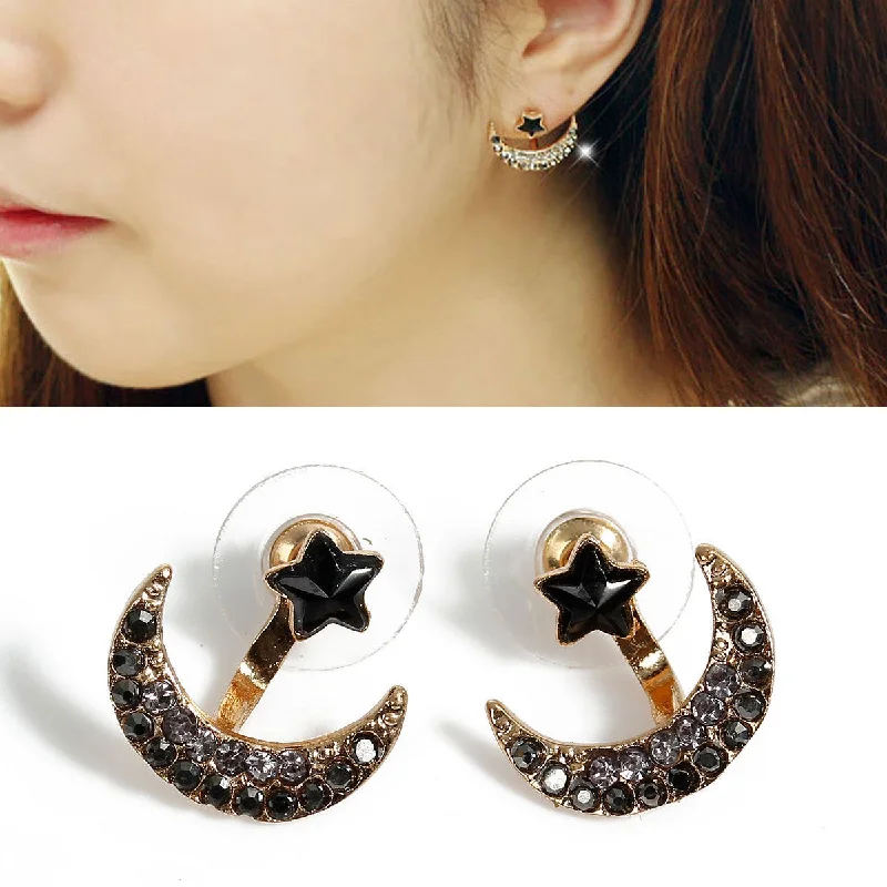 silver hoop earrings for women -Sexy Sparkles Ear Jacket Stud Half Moon Gold Plated with Gray & Black Rhinestone Earrings Back Ear Cuffs Stud Earring