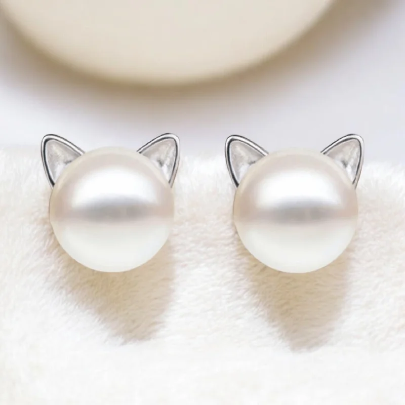 custom engagement rings for women -Beautiful Pearl Cat Earrings