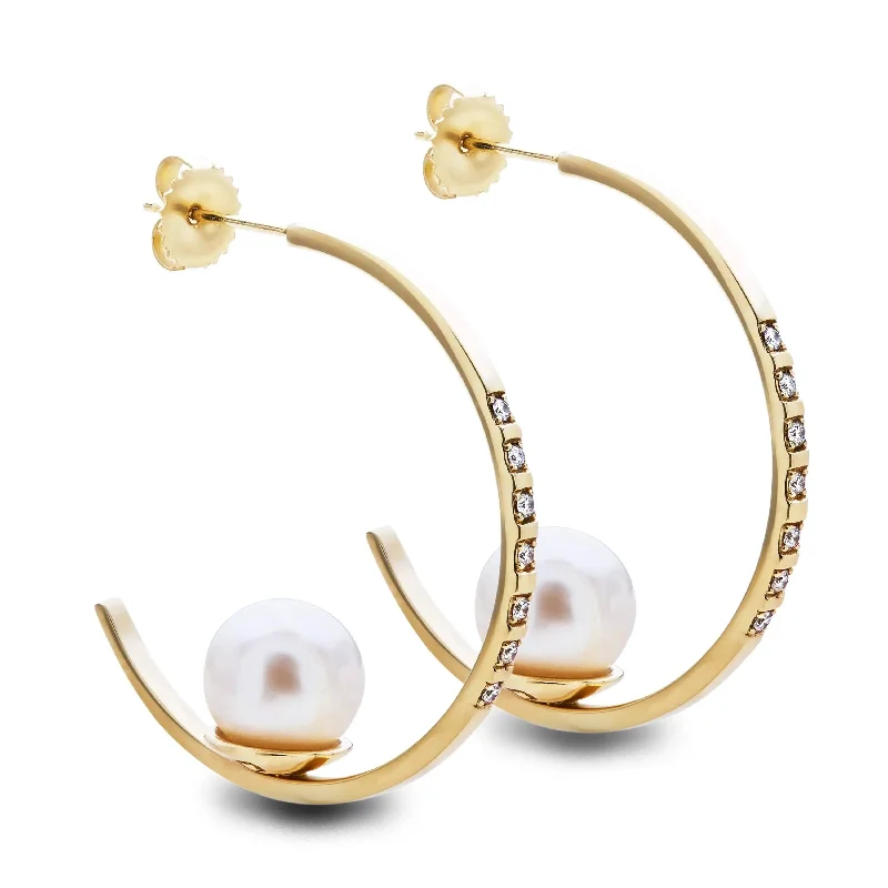 cushion-cut rings for women -Diamond Floating Pearl Hoops