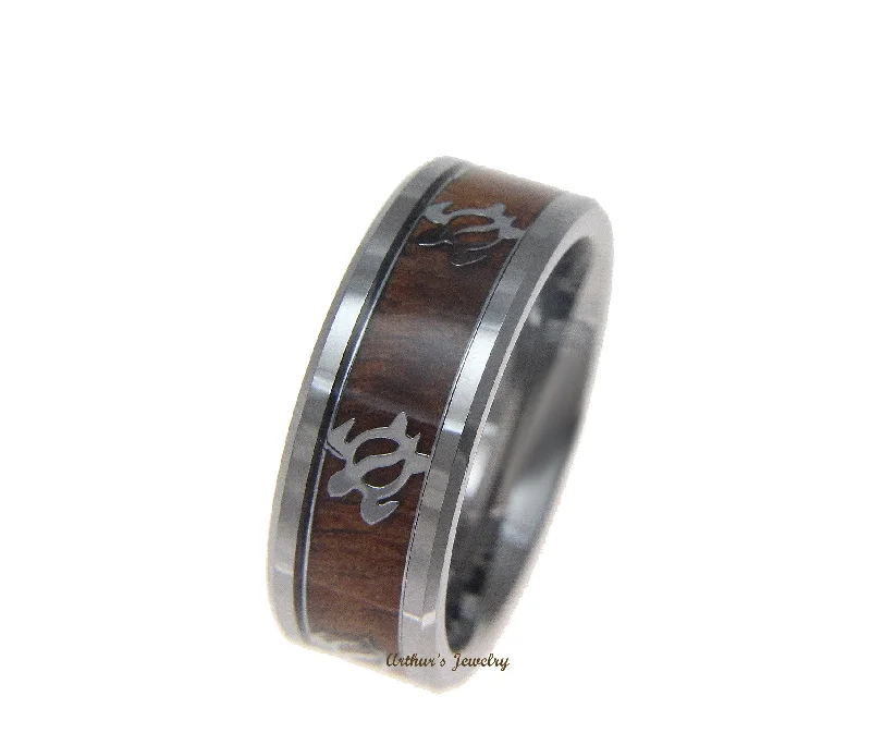 GENUINE INLAY HAWAIIAN KOA WOOD BAND RING HONU TURTLE TUNGSTEN COMFORT FIT 8MM