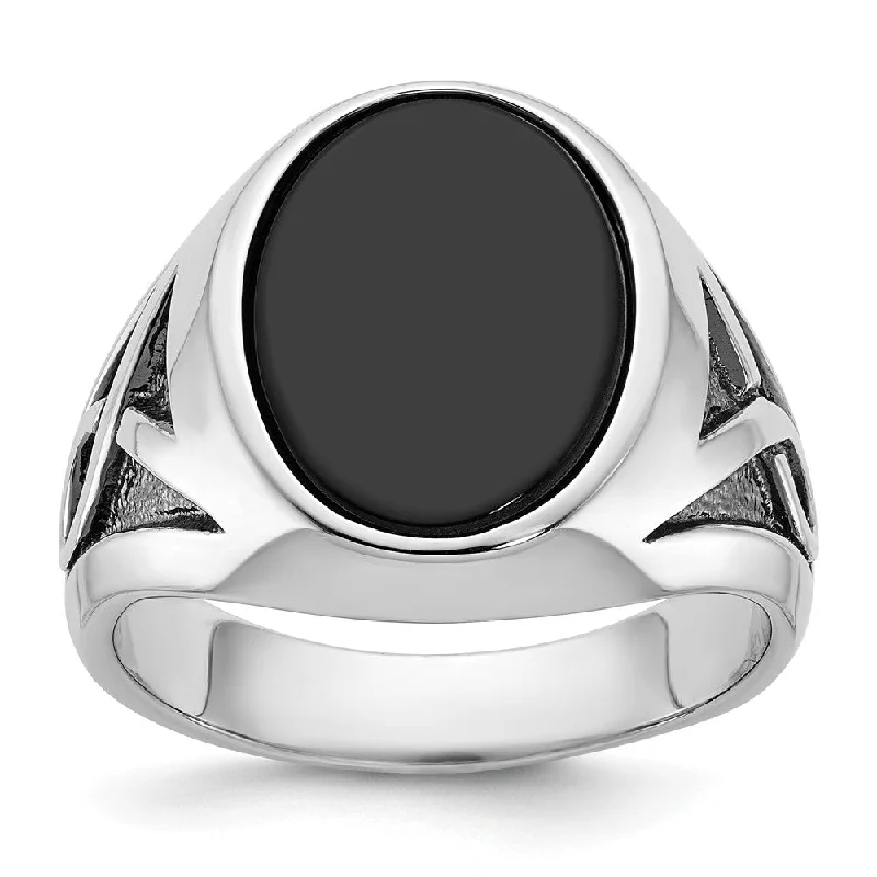 elegant charm necklaces for women -Men's 17mm 14K White Gold, Black Rhodium & Oval Onyx Tapered Ring