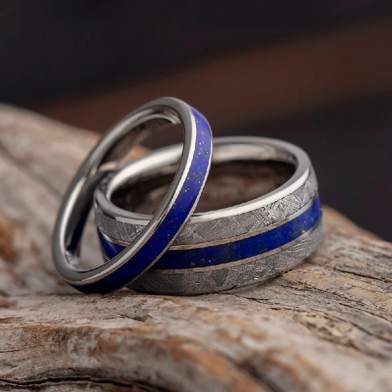 bridal engagement rings for women -Lapis Lazuli & Meteorite Wedding Band Set