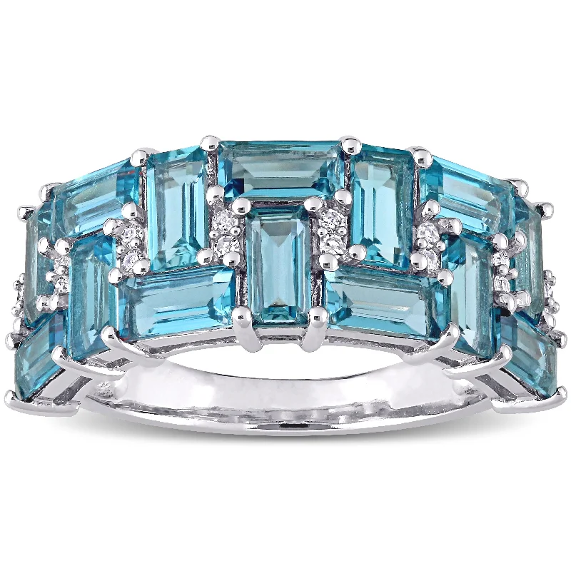 luxury halo engagement rings -Miadora 10k White Gold Baguette London-Blue Topaz & 1/10ct Diamond Semi-Eternity Wedding Band Ring