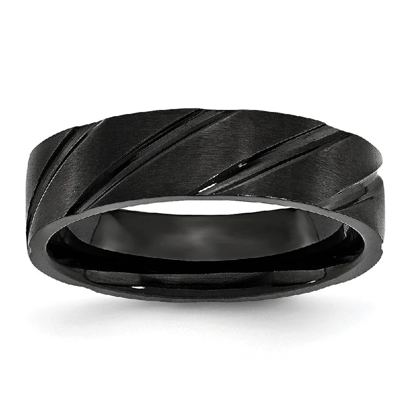 gift necklaces for women -6mm Black Plated Titanium Brushed Grooved Standard Fit Band