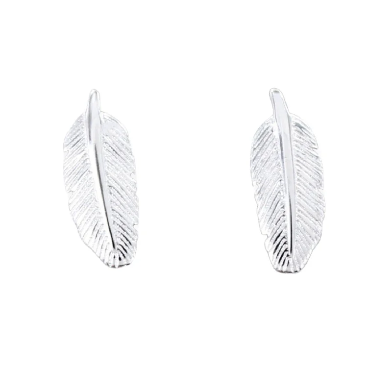 gold hoop earrings for women -Small Detailed Sterling Silver Feather Studs