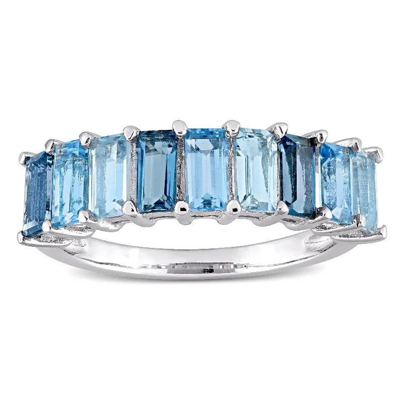 diamond halo engagement rings for women -Miadora Sterling Silver Baguette-cut Blue Topaz Anniversary Wedding Band Ring