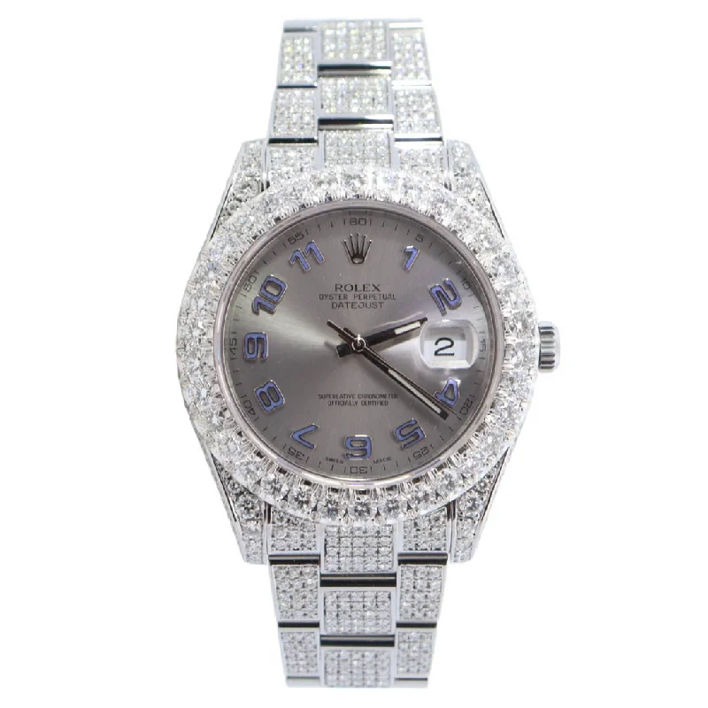 Rolex Datejust Stainless Steel Custom "ICED OUT" 41mm Silver Arabic Dial Watch Reference #: 116300